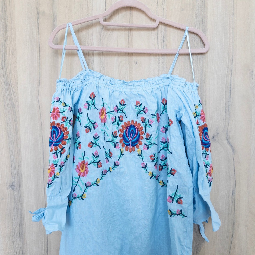 Philosophy Linen Embroidered Floral Dress Small Blue Cold Shoulder Boho Cottage - Picture 3 of 9